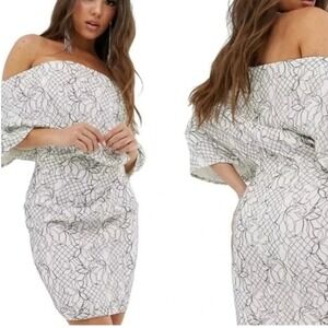 ASOS Cream‎ Lace Overlay Off Shoulder Mini Dress Cocktail Pencil Dress Size 2